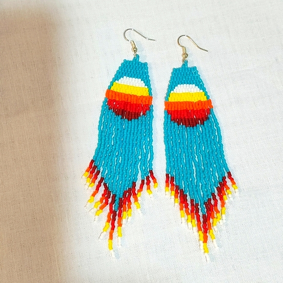 Handmade beaded turquoise native sun earrings with fringe - Picture 4 of 4